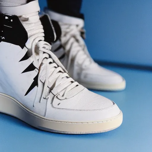 Image similar to a studio photoshoot of A Nike high top sneaker designed by Virgil Abloh, leather and suede, Off-White, realistic, color film photography by Tlyer Mitchell, 35 mm, graflex