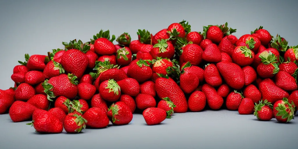 Image similar to a product picture of hundreds of strawberries, photographic filter, unreal engine 5, realistic, hyperdetailed, 8 k, cinematic, volumetric lighting, very realistic effect, hd, hdr, 4 k, sharp focus, octane render, ultra detailed, high resolution, trending on artstation in the style of albert dros glowing rich colors powerful imagery