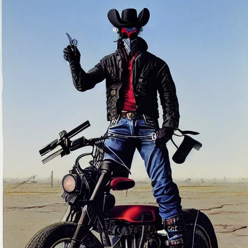 Prompt: a cyberpunk cowboy fully decked out in his cowboy hat, holsters, boots and spurs, sitting on a high tech motorbike in a scenic environment by wayne barlowe