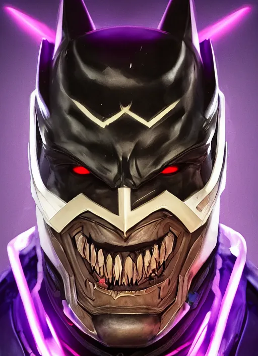 Image similar to glowwave portrait of batman who laughs from overwatch, au naturel, hyper detailed, digital art, trending in artstation, cinematic lighting, studio quality, smooth render, unreal engine 5 rendered, octane rendered, art style by klimt and nixeu and ian sprigger and wlop and krenz cushart.