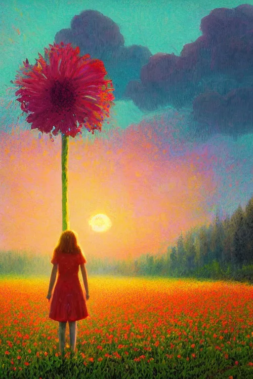 Image similar to flower growing out of girl, standing in a flower field, big trees, sunrise dramatic light, impressionist painting, colorful clouds, digital painting, pointillism, artstation, simon stalenhag