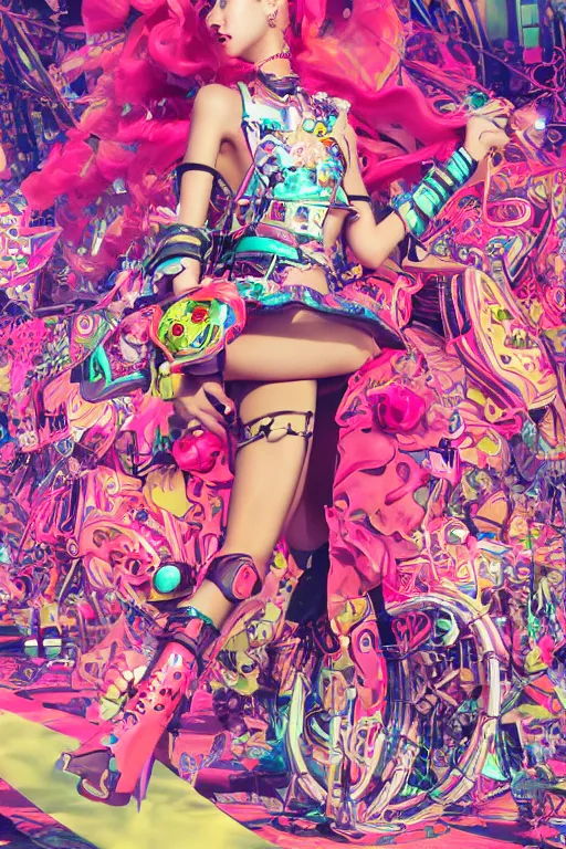 Prompt: antediluvian steppe magical girl wearing cybernetic floral valentino, cyberpunk steppe market background, bright fashion photography, hyperrealistic