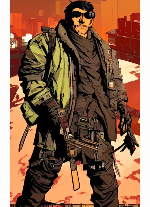 Prompt: hector tanaka. cyberpunk mercenary with scenic background. portrait illustration, pop art, art by ashley wood, alphonse mucha, laurie greasley and josan gonzalez. cinematic. dynamic lighting. realistic proportions. creative design. cell shading