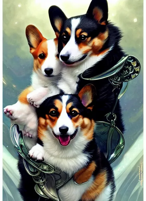 Image similar to a corgi and a tuxedo cat cuddling, shiny, fantasy, intricate, elegant, hyper detailed, ultra definition, photoreal, artstation, unreal engine rendered, concept art, smooth, sharp focus, illustration, art by artgerm and greg rutkowski and alphonse mucha and garis edelweiss