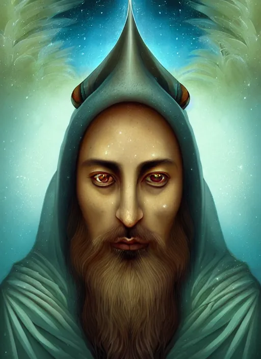 Prompt: matte symmetrical portrait of a wizard of the persian tribe revealing the ancient secret of how life entered the cosmos, noble bearing. by hieronymus bosch, cyril rolando, esher and natalie shau, whimsical, profound, impossible. trending on devaintart.