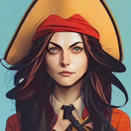 Prompt: Joshua Middleton comic art, pretty female Phoebe Tonkin, black eye patch covering left eye, pirate, asymmetrical, big evil smile, pirate clothing, long wavy black hair, full body:: sunny weather::