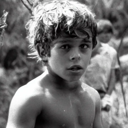 Prompt: jake t. austin plays ralph in lord of the flies ( 1 9 6 3 ), 3 5 mm black and white, highly detailed, cinematic lighting