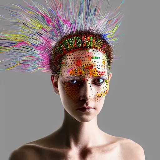 Image similar to hyper realistic woman with a weird head piece on her head, made of paperclips, made of insects, made of feathers, hybrid, bold natural colors, panfuturism, masterpiece, trending on artstation, photograph