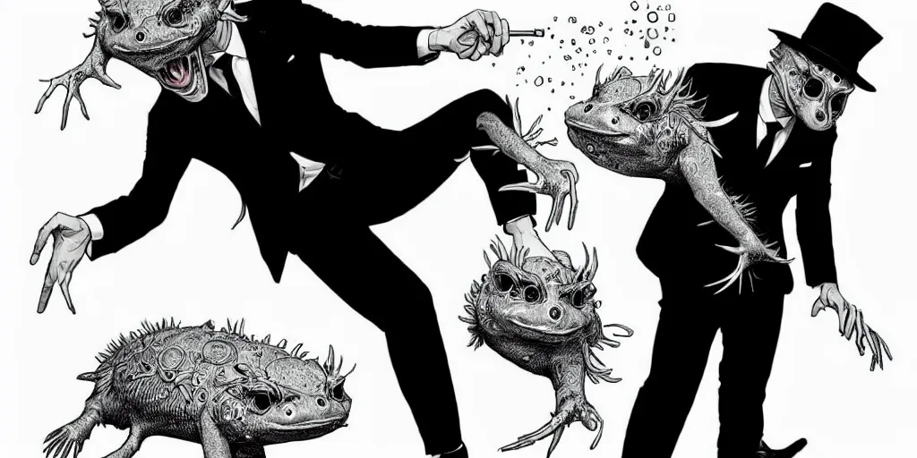 Image similar to a man in a black suit wearing an axolotl mask. ultrafine hyperdetailed illustration by kim jung gi