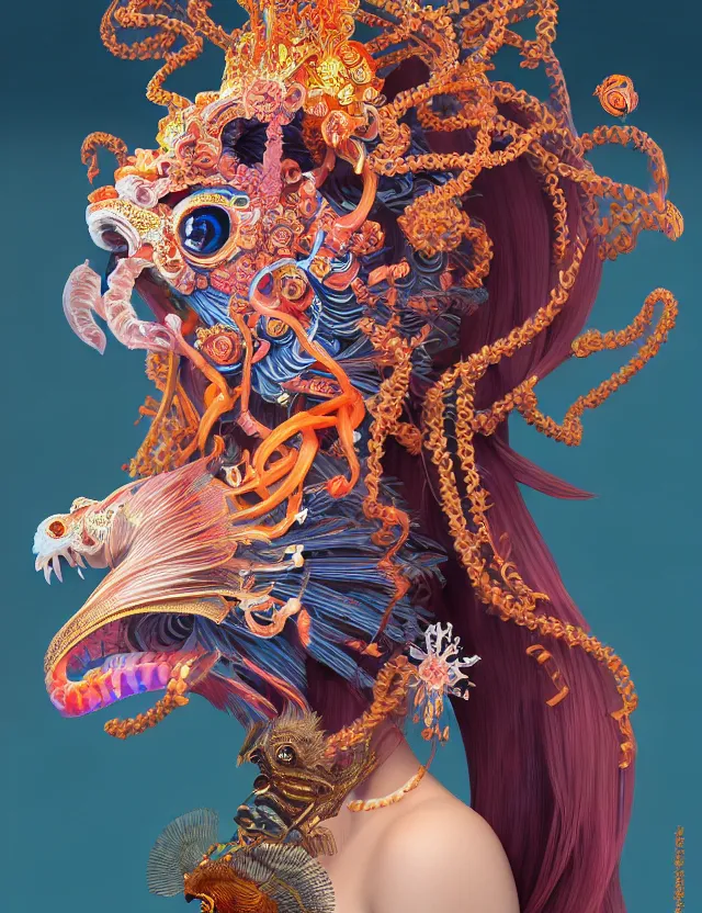 Image similar to 3 d goddess close - up profile portrait with crown, ram skull. beautiful intricately detailed neon japanese crow kitsune mask and clasical japanese kimono. betta fish, jellyfish phoenix, bio luminescent, plasma, ice, water, wind, creature, artwork by tooth wu and wlop and beeple and greg rutkowski