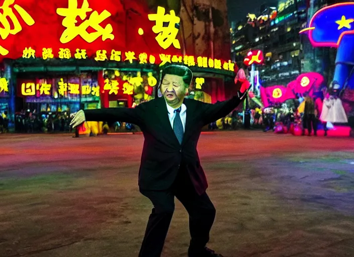 Image similar to xi jinping dancing, heroic shot, post apocalyptic, medieval times, cyber - punk, 7 0 s, wide shot, at night, neon lights