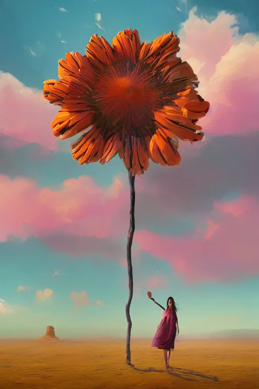 Image similar to closeup, giant flower head, girl in desert, surreal photography, wind and cold, dramatic sky, impressionist painting, digital painting, artstation, simon stalenhag