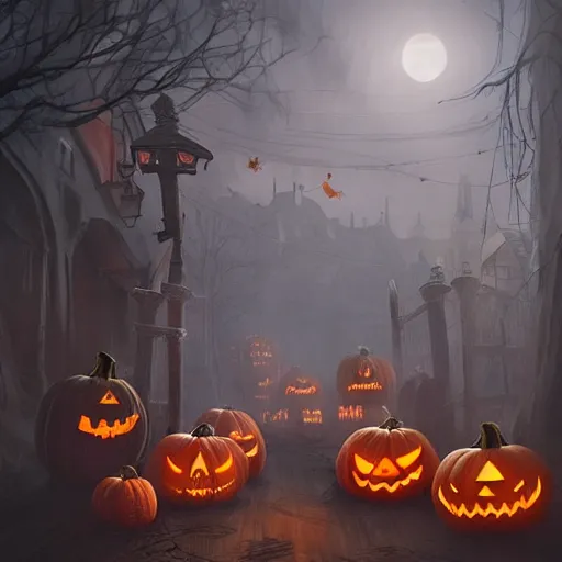 Image similar to a creepy and eery Halloween setting, with Jack o lanterns on the street and shadow figures lurking about, dynamic lighting, photorealistic fantasy concept art, stunning visuals, creative, cinematic, ultra detailed, trending on art station, spooky vibe