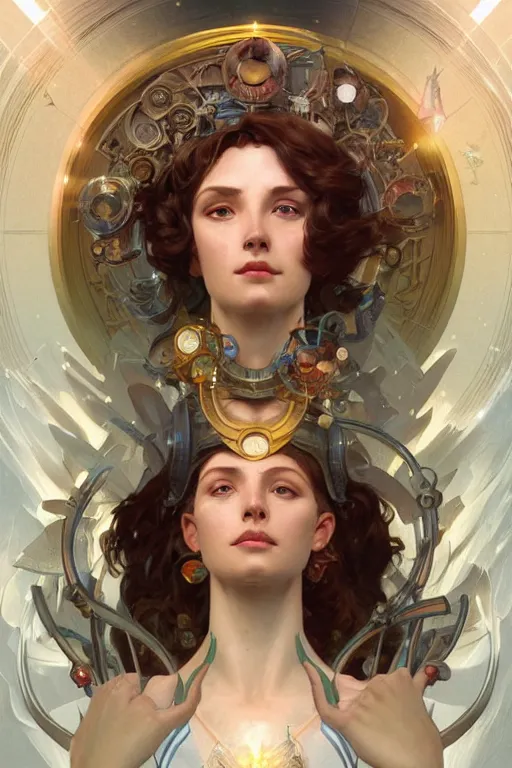 Image similar to goddess of science and engineering, only two hands, highly detailed, digital painting, artstation, concept art, smooth, sharp focus, illustration, unreal engine 5, 8 k, art by artgerm and greg rutkowski and edgar maxence and alphonse mucha