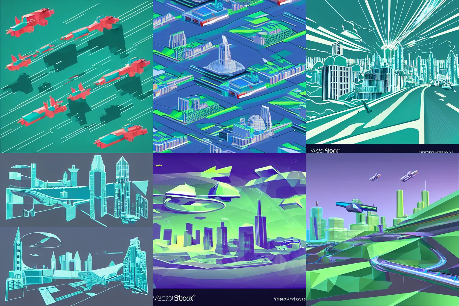 Prompt: soviet city futuristic landscape with flying cars in vector style with low-poly-shades in saturated green and blue shades