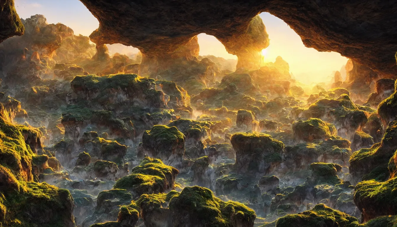 Image similar to expansive caves with growing fungal biodiversity , pools of water reflecting , small city streets emerge in between the rock formations, dramatic dusk sun illuminates areas , volumetric light ,detailed entangled fibres carpet the fallen rocks ,full colour , upscale , 8k