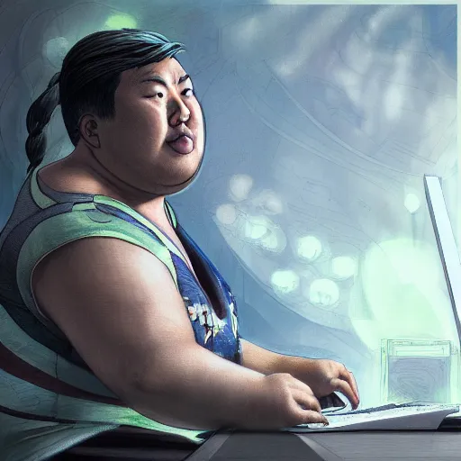 Image similar to a insanely detailed painting of a slightly overweight asian man wearing a homemade superhero costumed, sitting at a computer desk nervously typing on the keyboard, in the style of peter mohrbacher, dramatic lighting and composition, trending on artstation, concept art, comic book, graphic novel