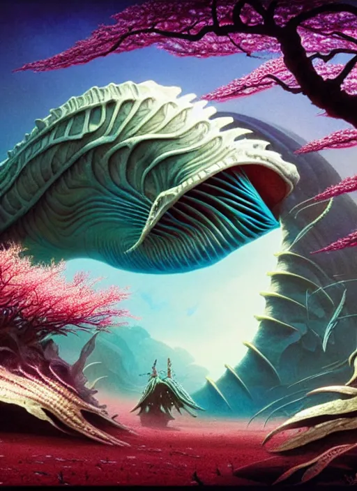 Image similar to photo of an alien fish in the style of roger dean, realistic, sharp focus, 8 k high definition, insanely detailed, intricate, elegant, art by greg rutkowski and artgerm, extreme blur cherry blossoms background