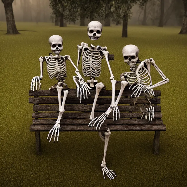 Image similar to decayed old romantic pair of skeletons, sitting on a park bench, holding their hands kissing, partially covered with dust and moss, cinematic lighting, photorealistic image, 8k, ultra detailed, high resolution, artstation