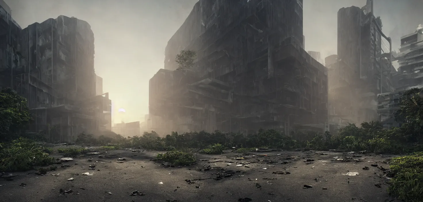 Prompt: ground level, cathedral, brutalist architecture, abandoned, empty streetscapes, overgrown jungle, natural volumetric light, mist, sunset, rusted steel, concrete, glass, stunning skies, scattered rubbish and debris, 8 k, finely detailed, unreal engine, imax, cinematic, beautifully illustrated, sharp focus, minimal artifacts, doom, greg rutkowski, artstation