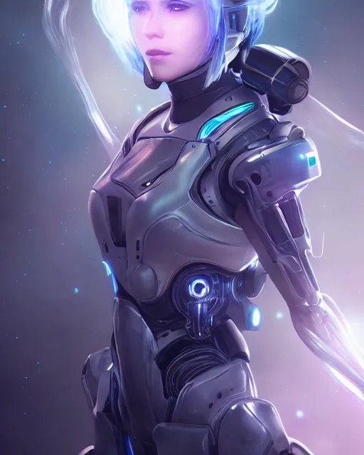 Image similar to perfect android girl on a mothership, warframe armor, beautiful face, scifi, futuristic, galaxy, nebula, raytracing, dreamy, long white hair, blue cyborg eyes, sharp focus, cinematic lighting, highly detailed, artstation, divine, by gauthier leblanc, kazuya takahashi, huifeng huang