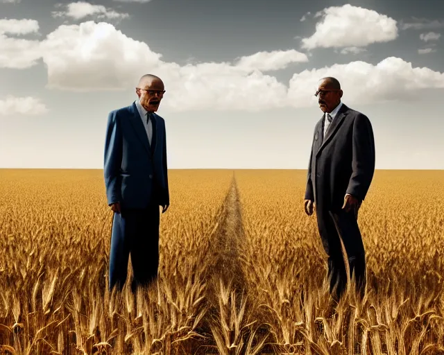 Image similar to extreme long shot of walter white and gustavo fring stand facing each other from a distance in a wheat field, low angle, side view, 8 5 mm photograph, 8 k resolution, wide shot, sharp lens, high detail, cinematic