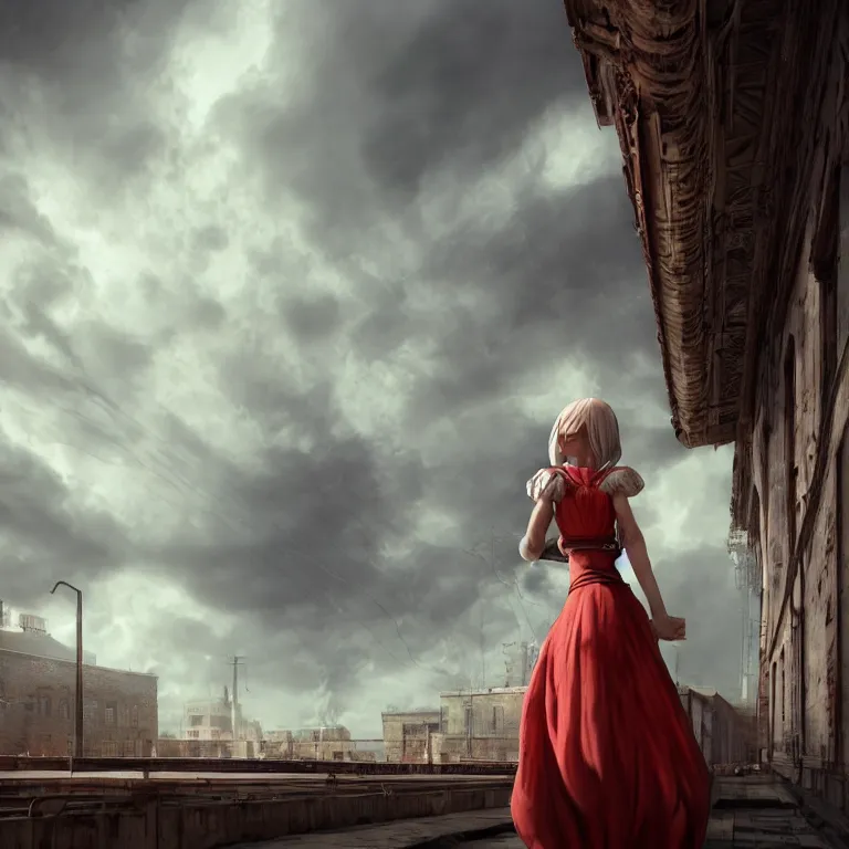 Image similar to a beautiful Cotton Mill Girl, symmetrical, centered, dramatic angle, ornate, details, smooth, sharp focus, illustration, realistic, cinematic, artstation, award winning, rgb , unreal engine, octane render, cinematic light, macro, depth of field, blur, red light and clouds from the back, highly detailed epic cinematic concept art CG render made in Maya, Blender and Photoshop, octane render, excellent composition, dynamic dramatic cinematic lighting, aesthetic, very inspirational, arthouse by Henri Cartier Bresson