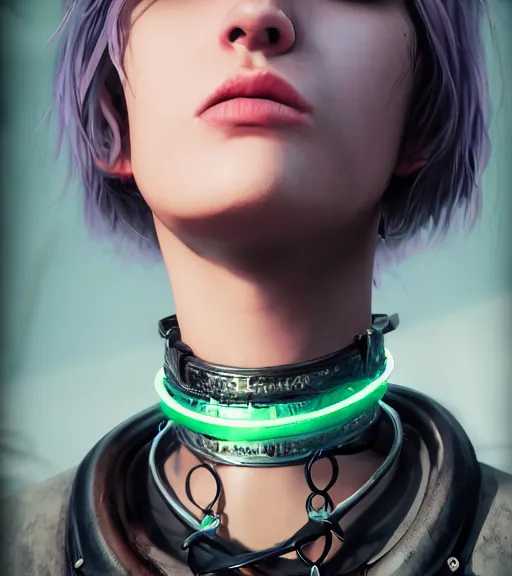 Image similar to detailed realistic female character cyberpunk wearing thick steel collar around neck, realistic, art, beautiful, 4K, collar, choker, collar around neck, punk, artstation, detailed, female, woman, choker, cyberpunk, neon, punk, collar, choker, collar around neck, thick collar, tight around neck, punk,