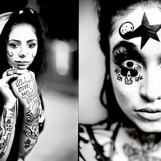 Image similar to beautiful young latino woman with gutterpunk pen ink face tattoos at golden hour, black & white, stars in background, cinematic diane arbus, leica s, 5 0 mm, fuji 8 0 0, grainy, low light