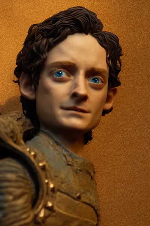 Prompt: tribute sculpture of elijah wood as frodo, cybertronian, long shot, cinematography by wes anderson, 4 k octane render, intricate detail, photorealistic, cinematic lighting, artstation