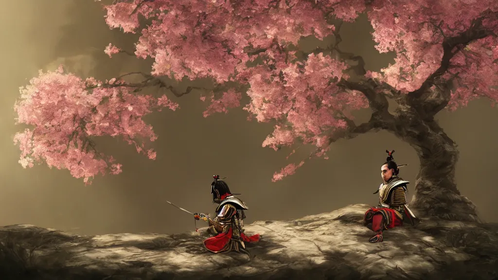 Image similar to beautiful painting of an armoured samurai meditating under a blossom tree, realistic, digital painting, concept art, matte painting, cinematic night lighting, 8 k, highly detailed, detailed terrain, trending artstation