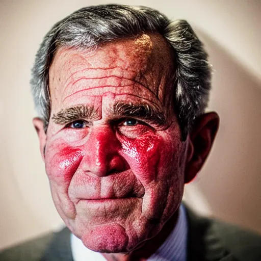 Prompt: An Alec Soth portrait photo of George W. Bush with bright red glowing eyes, sweat is glistening on his face