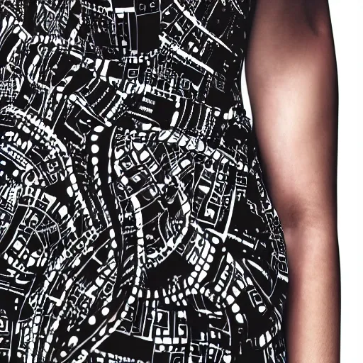 Prompt: Close up of an edgy black dress with print of a large circuit on dress, photography , fashion magazine editorial , highly detailed