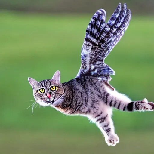 Prompt: cat and owl hybrid in flight