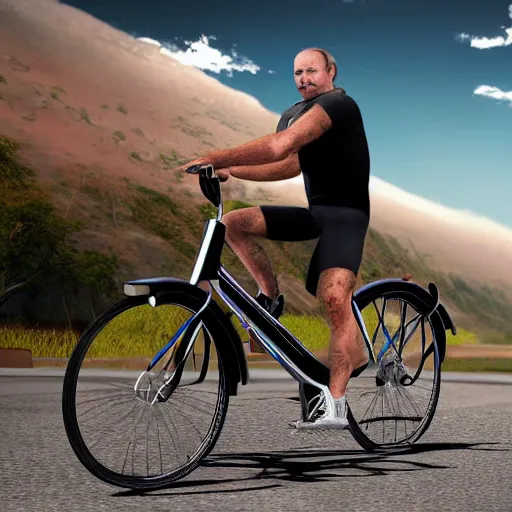 Prompt: man with receding hairline riding bike, detailed, photorealistic, 8 k, wide shot,