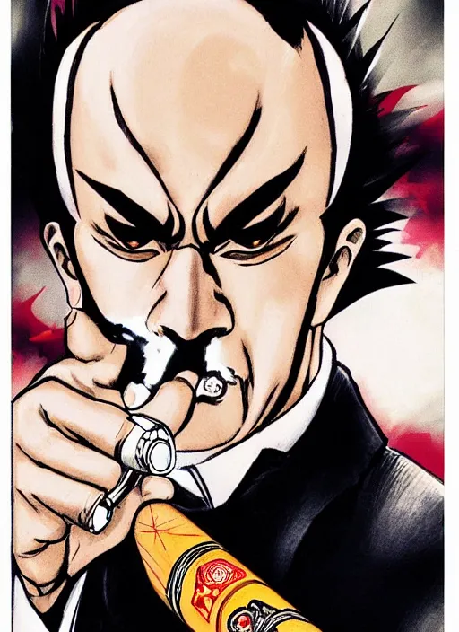 Prompt: heihachi!!!!!!! mishima dressed formally, smoking a cigar, drawn in the style of keisuke itagaki, manga illustration, tekken