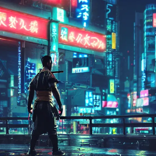 Prompt: close view matte painting of a japan samurai, holding katana in right hand, cyberpunk city and huge mechanical bridges on the background, rainy night, neon glow concept art, smooth, sharp focus, illustration, cyberpunk 2077, neuromancer, scifi, photorealistic, octane render, 8k, by Peter Andrew Jones and Greg Rutkowski