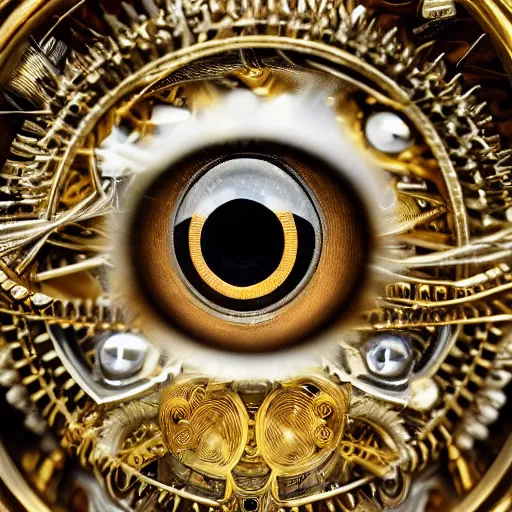 Image similar to a macro photo of a gold and silver mechanical eye, close - up, large intricate iris with gears and inside, intricate gears and lenses and filaments, intricately detailed engravings, intricately detailed markings, intricate textures, warm lighting, vivid colors, realistic octane render, hyper realistic render, volumetric shading, depth of field, raytracing, 8 k,