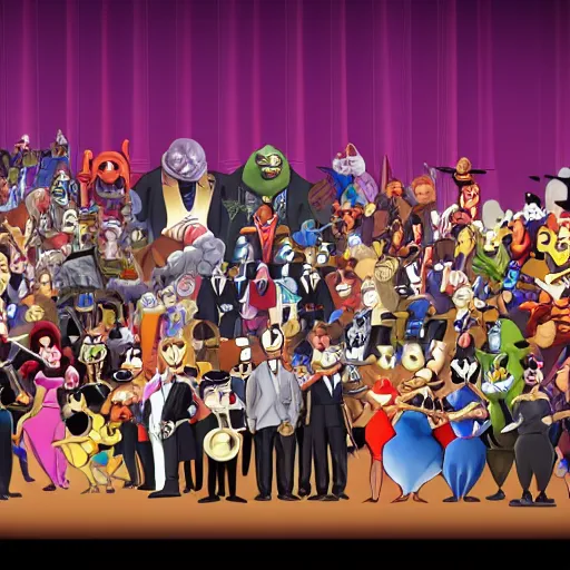 Prompt: an orchestra of various Looney Tunes characters playing a concert in a large concert hall. In the audience is a crowd of Marvel villains is sitting in the audience. realistic, photorealistic, 4k