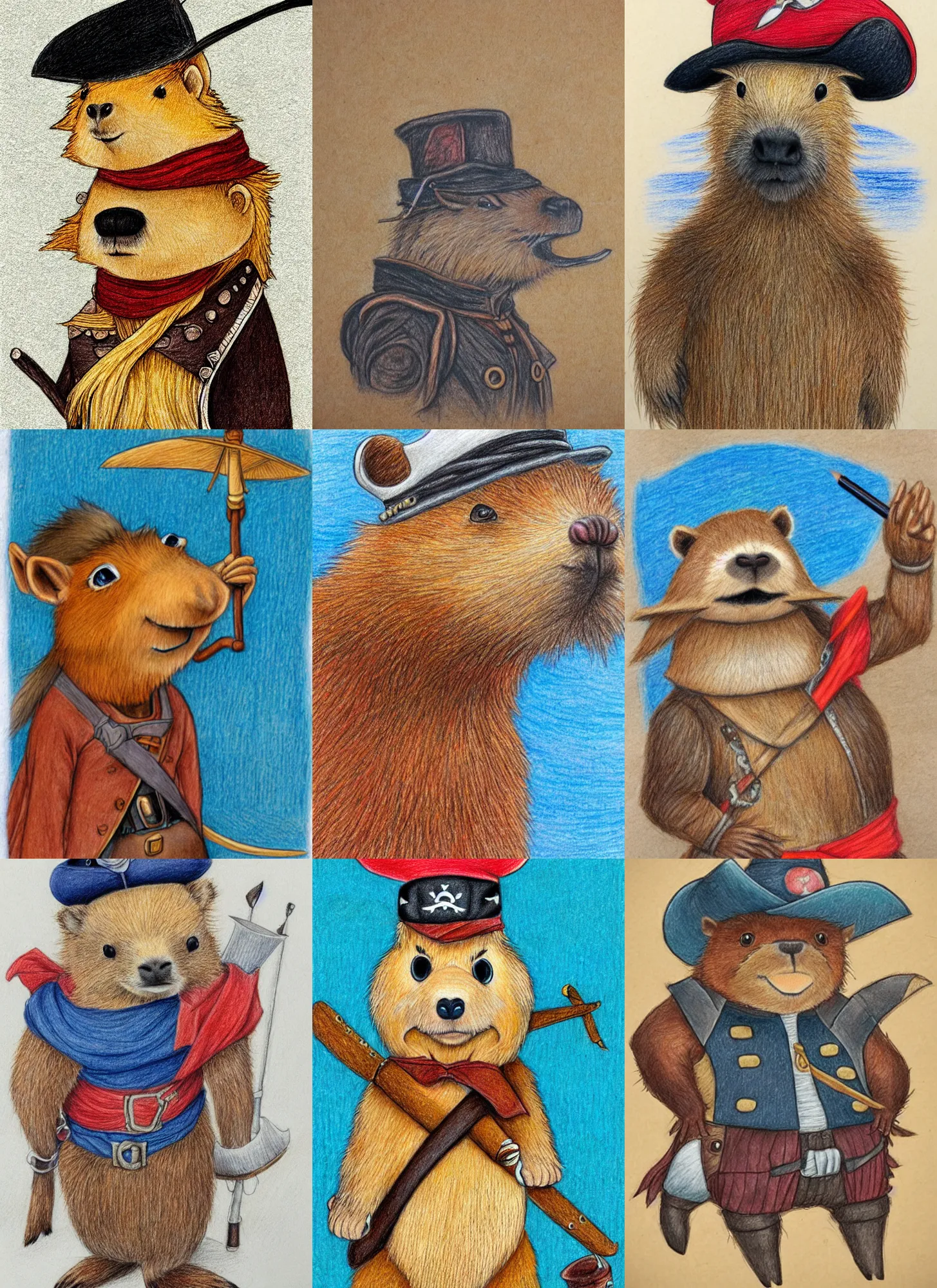 Image similar to detailed colored pencil drawing of a cute anthropomorphic capybara as a pirate