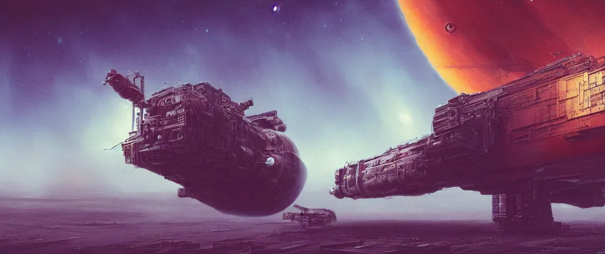 Prompt: lone industrial!!! spaceship!!, deep space exploration!!!, flying, ridley scott universe, the final frontier, illustrative!!, punk, painterly, hyperdetailed, hyperrealistic, utilitarian cargo ship, cinematic lighting, 4k, wide angle, beksinski, trending on artstation, (neon colors)