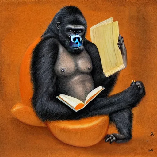 Prompt: realistic painting of a gorilla reading a book, highly detailed, orange and black color scheme, renaissance era