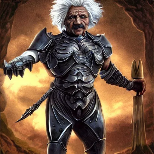 Image similar to muscular albert einstein wearing daedric armor wielding a daedric battleaxe d & d detailed photo photorealistic