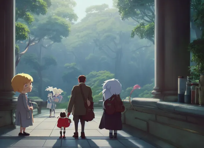 Prompt: mr winston welcoming his new guests, medium shot, studio ghibli, pixar and disney animation, sharp, rendered in unreal engine 5, anime key art by greg rutkowski, bloom, dramatic lighting