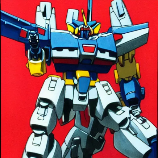 Prompt: Gundam robot with guitar. 80s Mecha anime