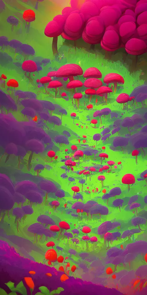 Prompt: A digital painting of an worm's eye view of vivid mushroom landscape, pollinating a nearby flower forest by anton fadeev, Trending on artstation, 8k quality