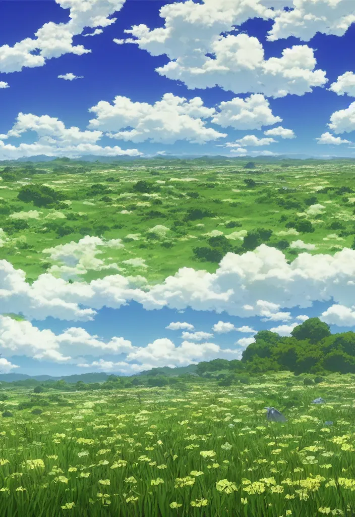 Prompt: a wide meadow with blue sky and a few clouds above, super wide angle, fantasy matte painting by studio ghibli and hayao miyazaki and kazuo oga, hyperrealism, featured on artstation and cgsociety, c 4 d, ultra - realistic, 4 k hd wallpapear,