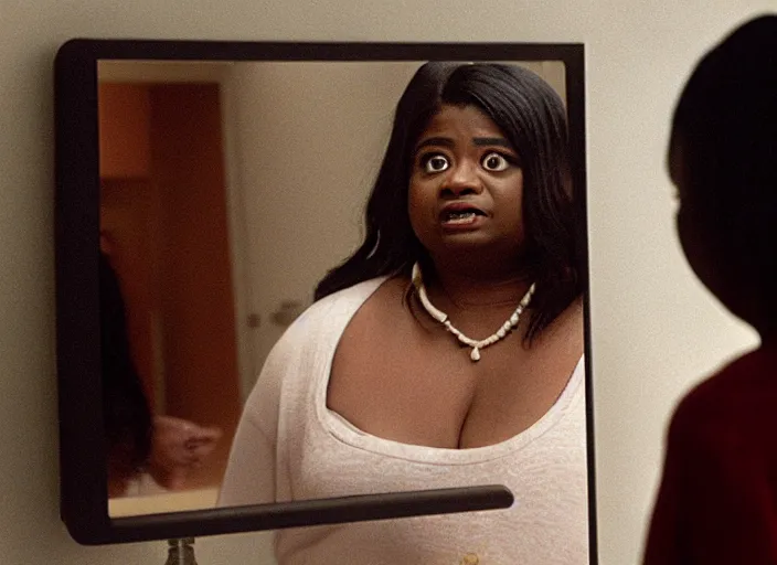 Image similar to cinematic portrait of panicking octavia spencer talking to the bathroom mirror, scene from the tense thriller film ( 2 0 0 1 ) directed by spike jonze, hyper - detailed face, dramatic backlit window, volumetric hazy lighting, moody cinematography, 3 5 mm kodak color film, anamorphic wide angle lens