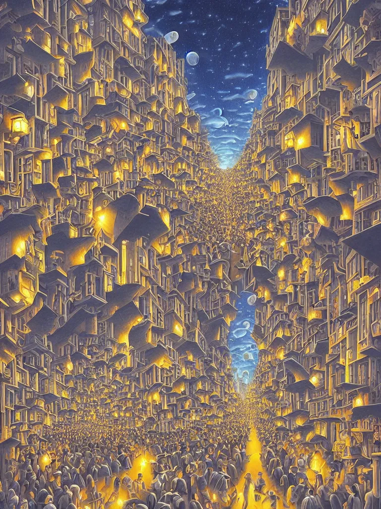 Image similar to A crowded street extending into the night sky, matte painting by Rob Gonsalves, in the style of Salvador Dalí, surrealism, magic realism, optical illusion art