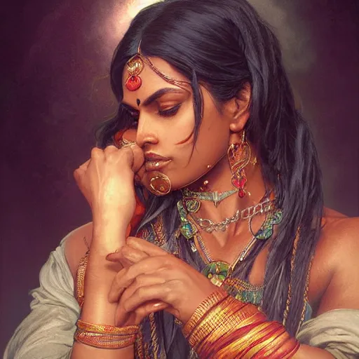 Image similar to portrait painting of dark muscular indian women kissing, ultra realistic, concept art, intricate details, eerie, highly detailed, photorealistic, octane render, 8 k, unreal engine. art by artgerm and greg rutkowski and alphonse mucha